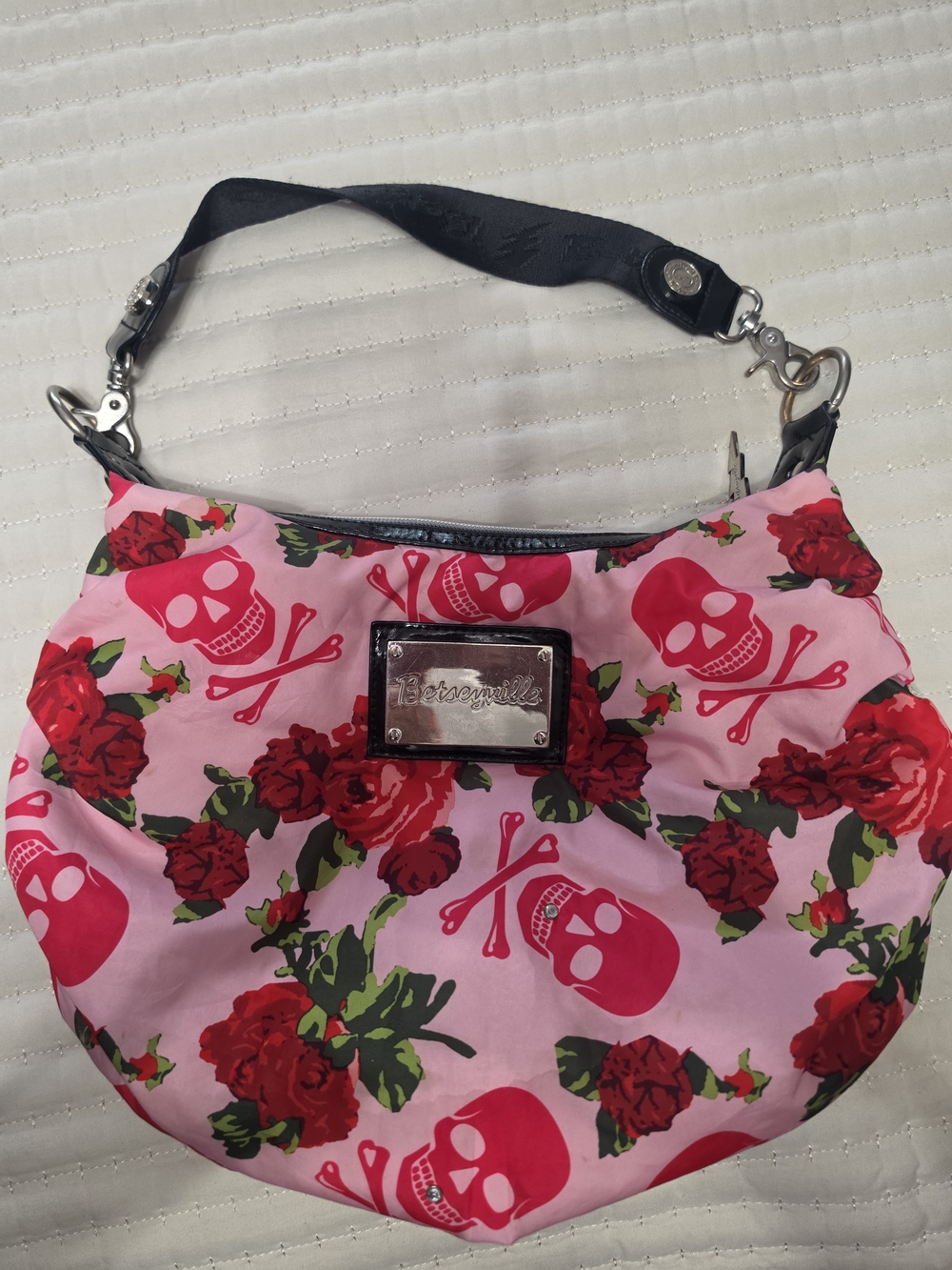 Betsey Johnson Pink Floral & Hot Pink Skull Hobo Bag